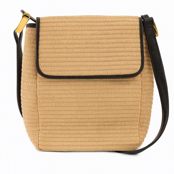 Vintage Susan Gail Straw Crossbody Bag with Black Leather Trim, Gold Hardware - Picture 1 of 13